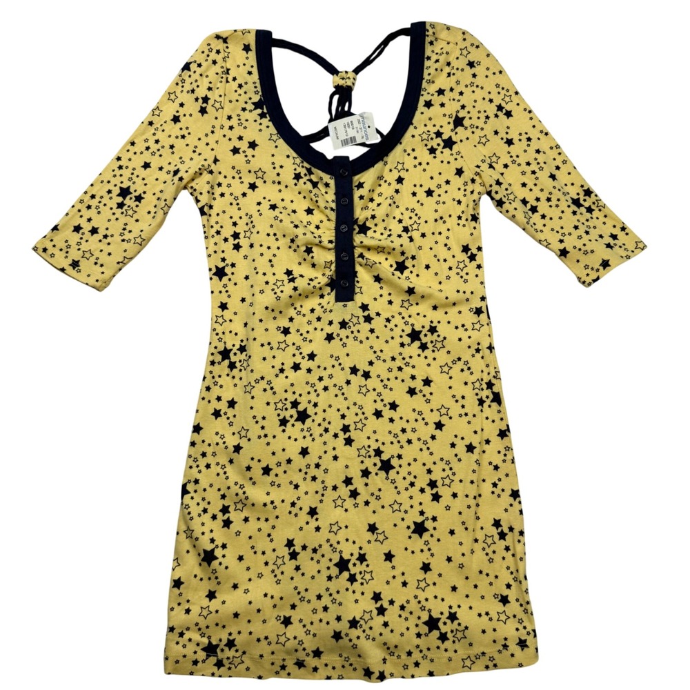VTG Y2K Maurices Yellow Star PolkaDot Print Henley Top Strappy Back Elbow Sleeve